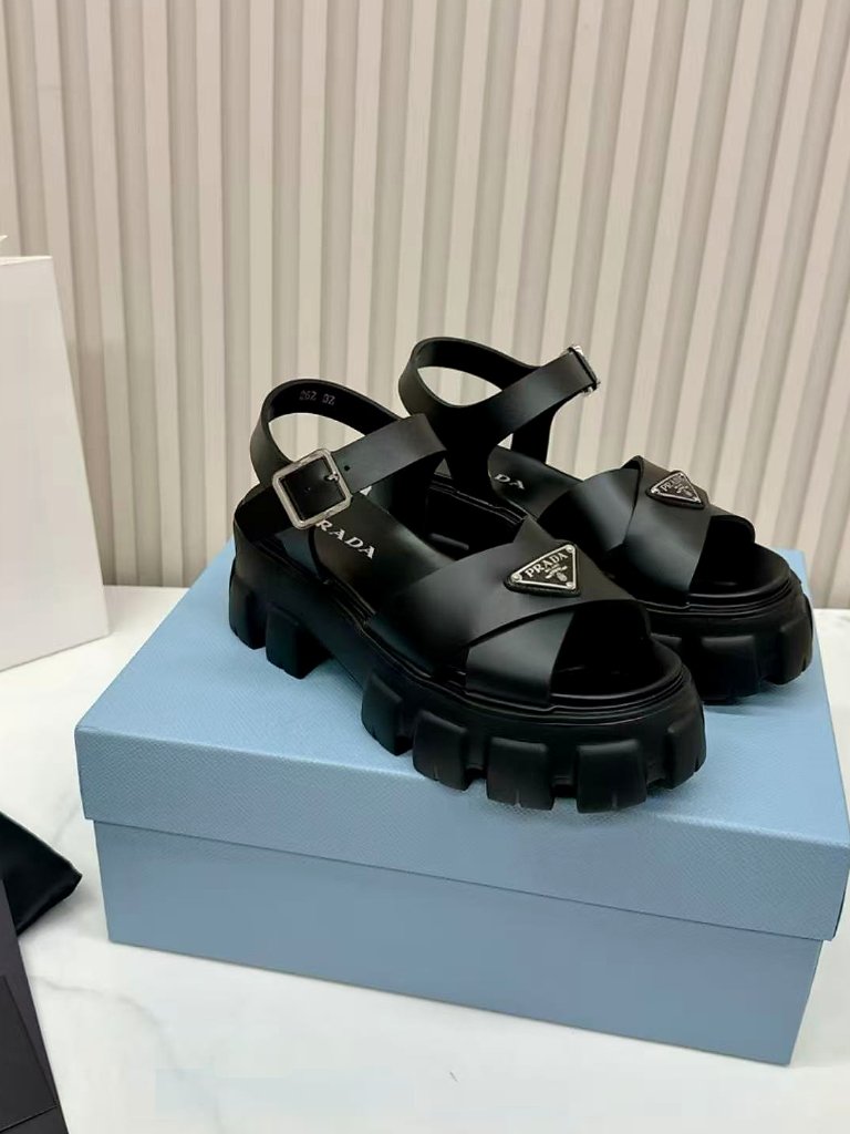Prada Black Platform Lug Sole Ankle Strap Sandals